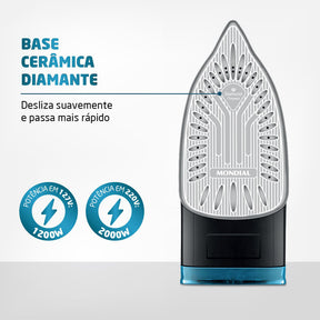Ferro de Passar Roupa a Vapor Mondial Base Cerâmica Diamante F-53