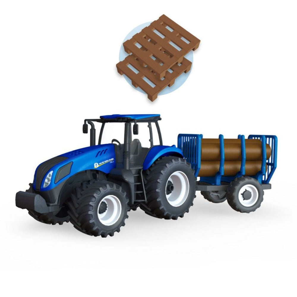Trator T8 Usual Brinquedos 588 New Holland com Tora - Azul